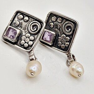 Sterling Square Earrings - Amethyst Stone Earrings - Natural Pearl Dangle